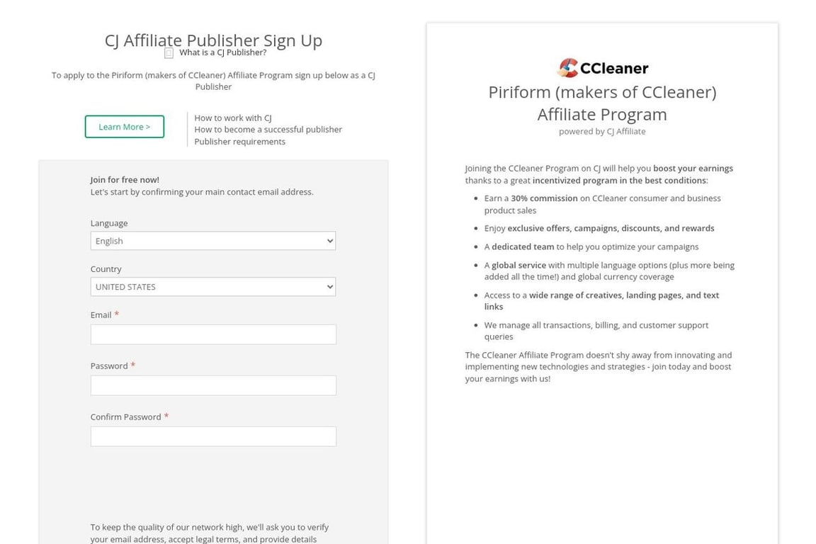 Piriform (makers of CCleaner) affiliate program signup page