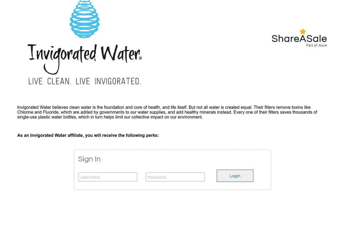 Invigorated Water affiliate program signup page
