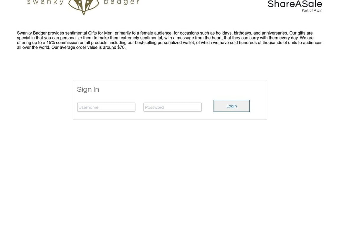 Swanky Badger affiliate program signup page