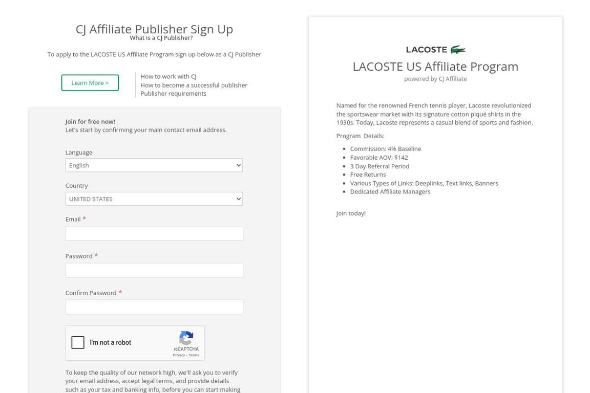 Lacoste affiliate program signup page