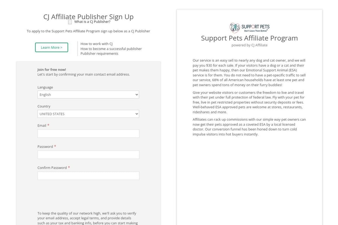 Support Pets affiliate program signup page
