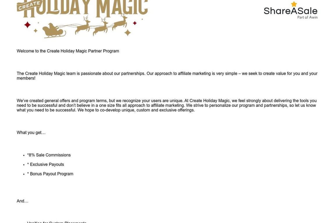 Create Holiday Magic affiliate program signup page