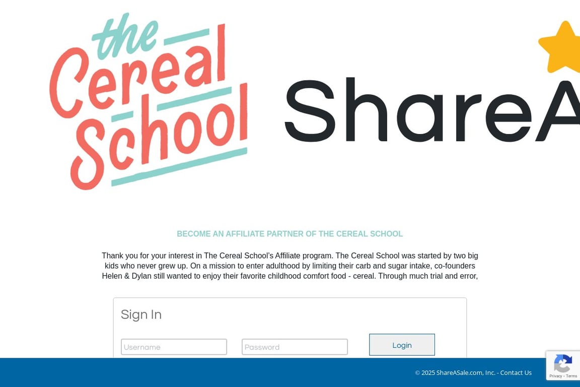 The Cereal School affiliate program signup page