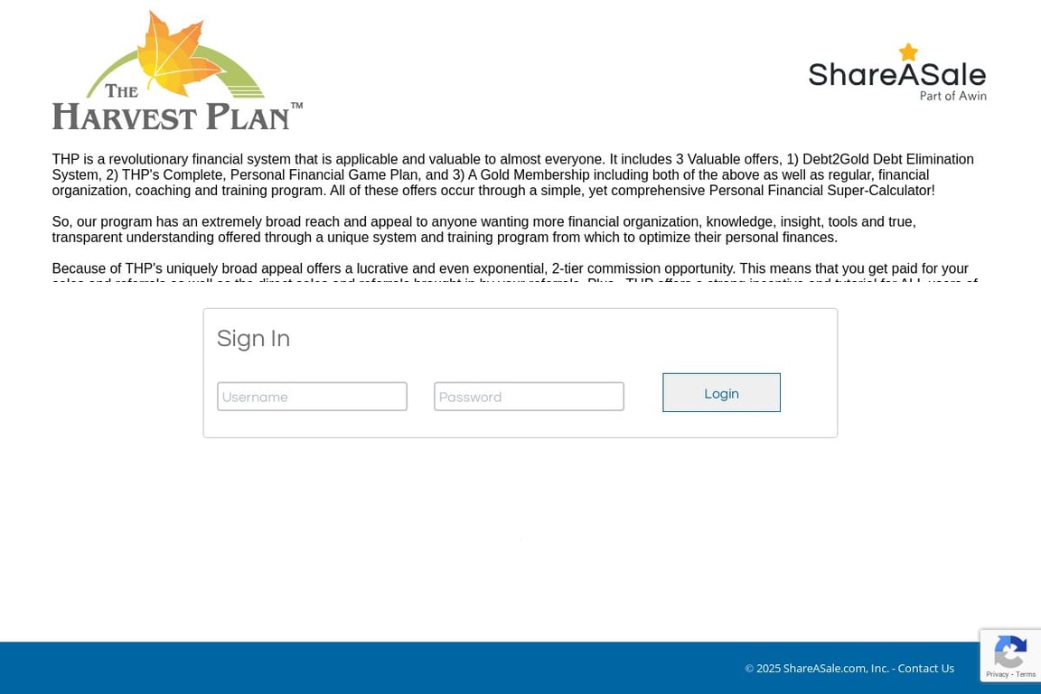 The Harvest Plan affiliate program signup page