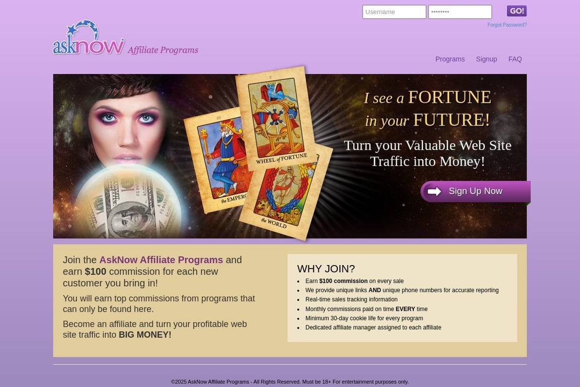 Ask Now affiliate program signup page