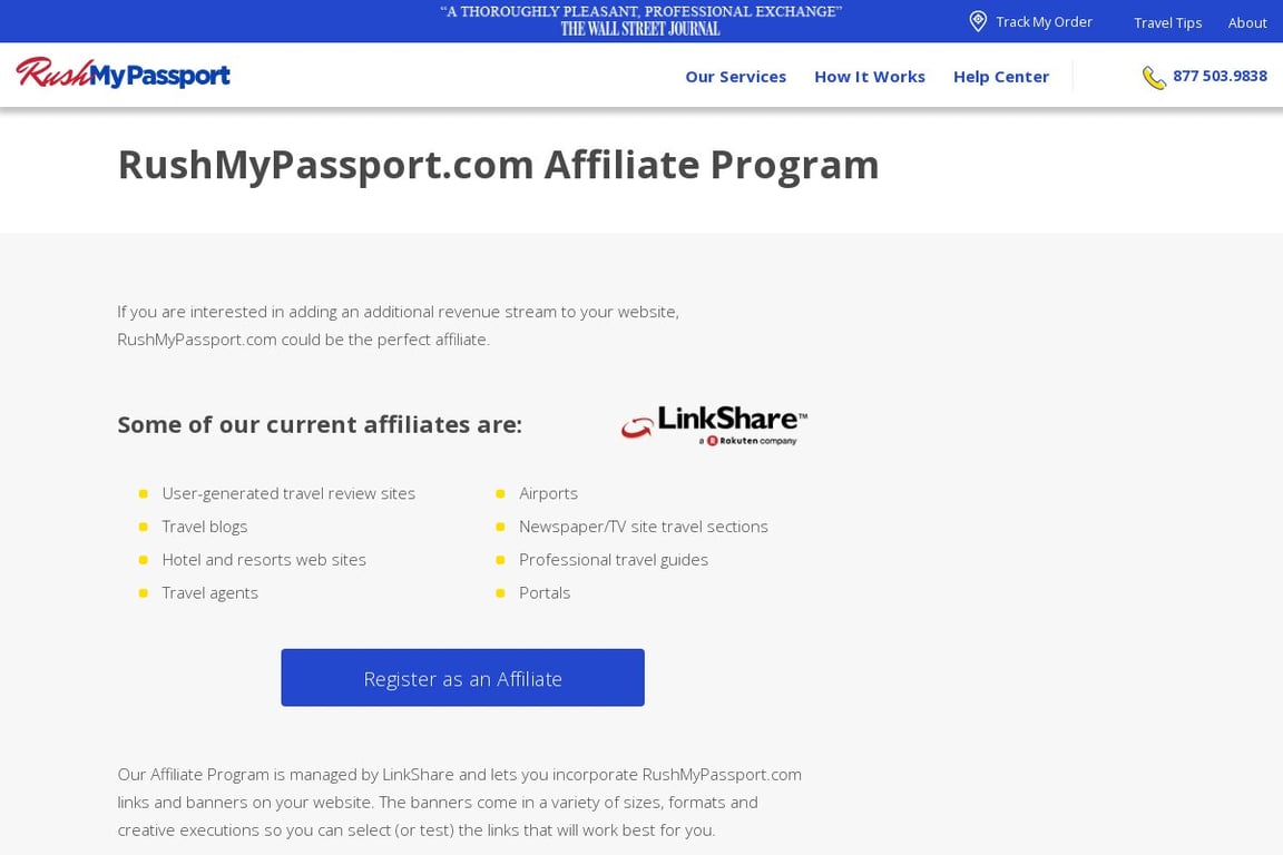 Rush My Passport affiliate program signup page