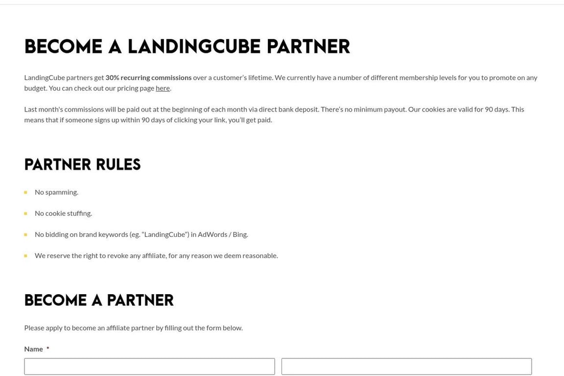 LandingCube affiliate program signup page