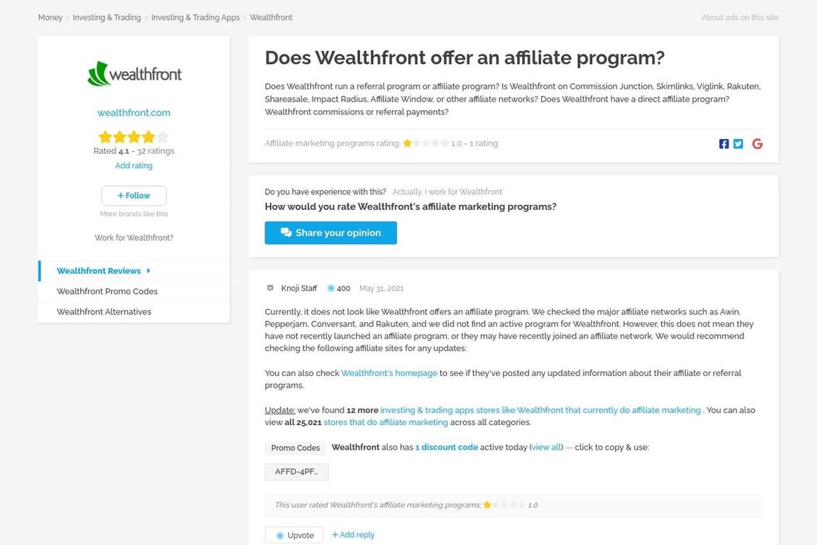 Wealth Front affiliate program signup page