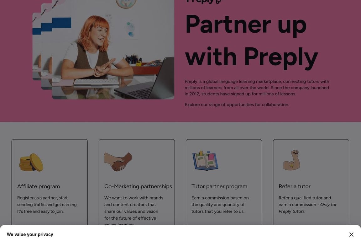 Preply affiliate program signup page
