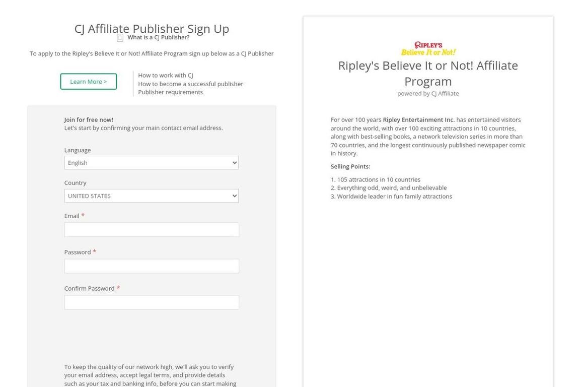 Ripley’s Believe It or Not! affiliate program signup page
