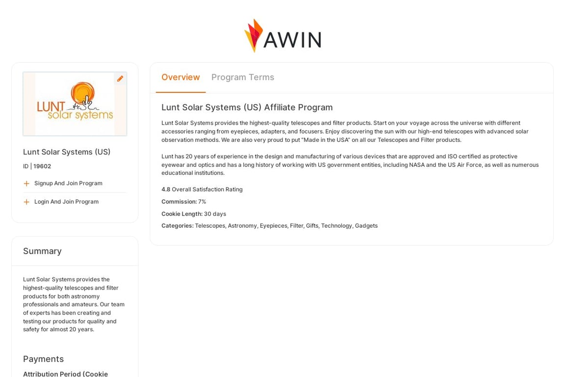 Lunt Solar Systems affiliate program signup page