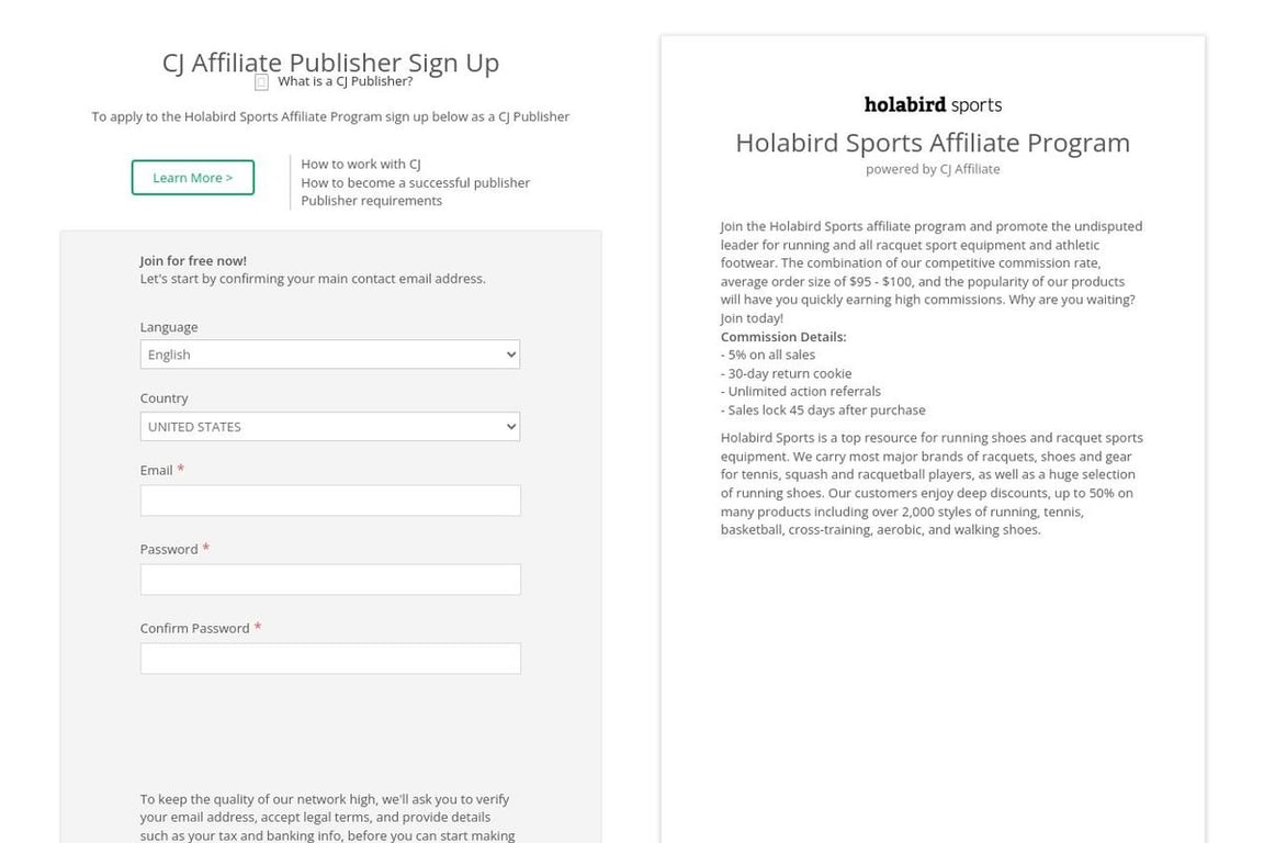 Holabird Sports affiliate program signup page