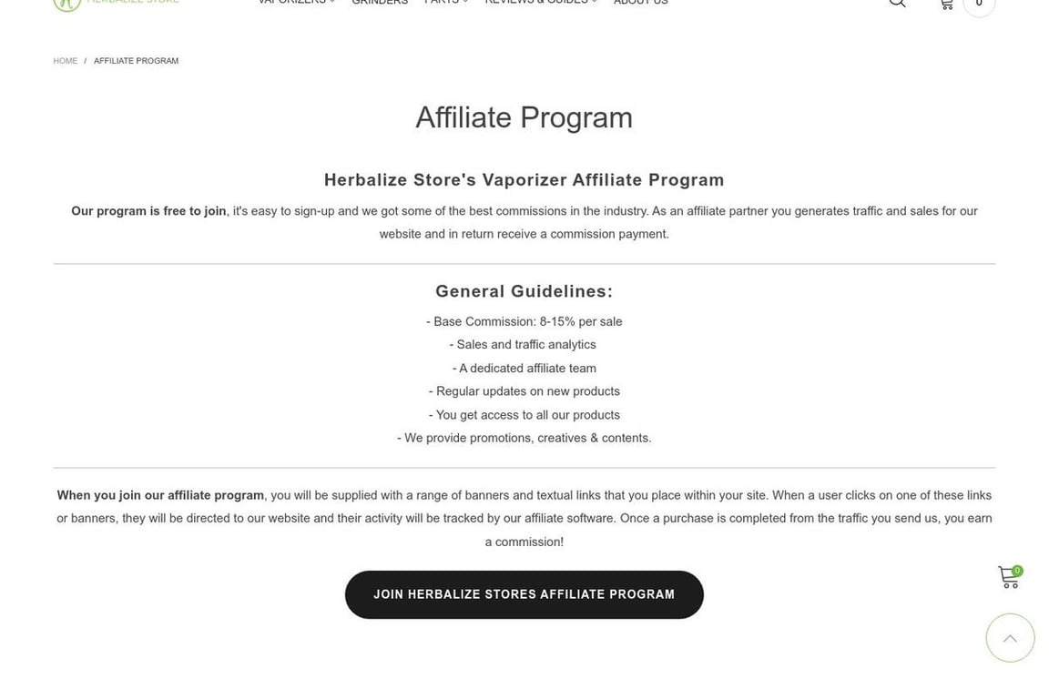 Herbalize Store affiliate program signup page
