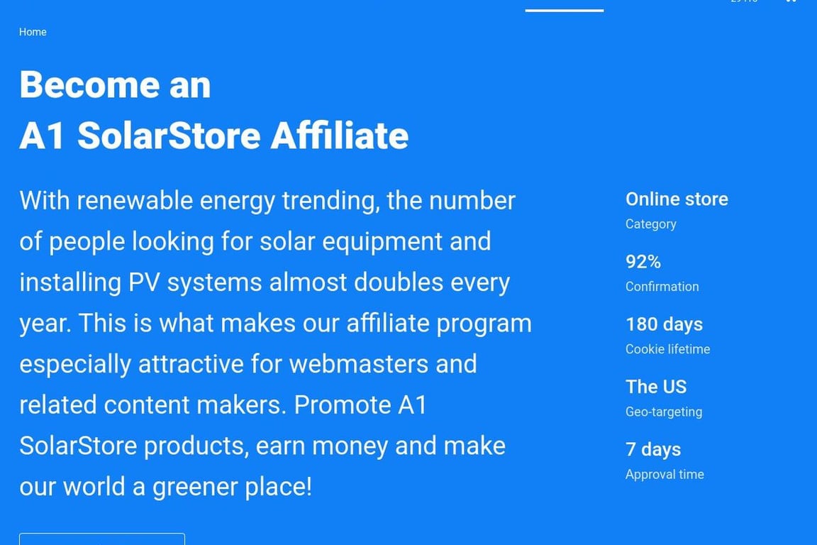 A1 Solar Store affiliate program signup page
