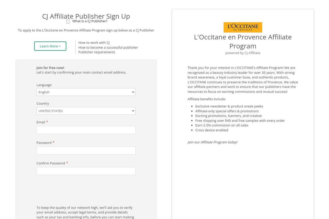 L’Occitane en Provence affiliate program signup page