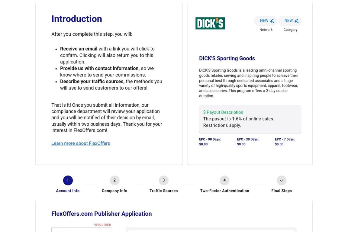 DICK’S Sporting Goods affiliate program signup page