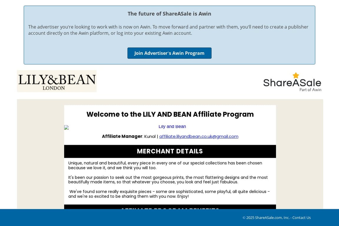 Lily and Bean affiliate program signup page