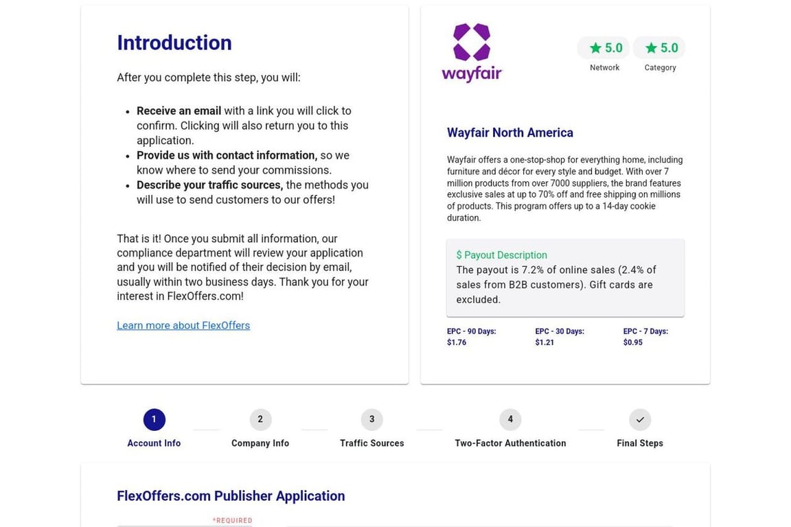 Wayfair North America affiliate program signup page