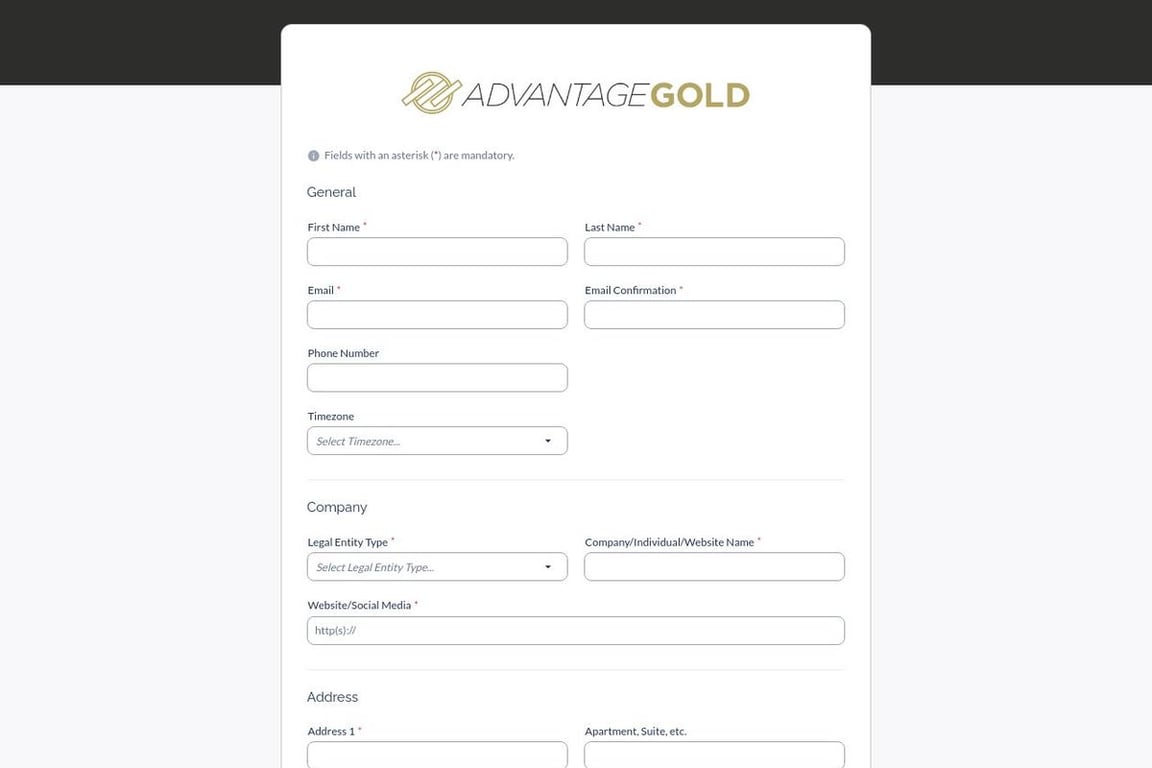 Advantage Gold affiliate program signup page