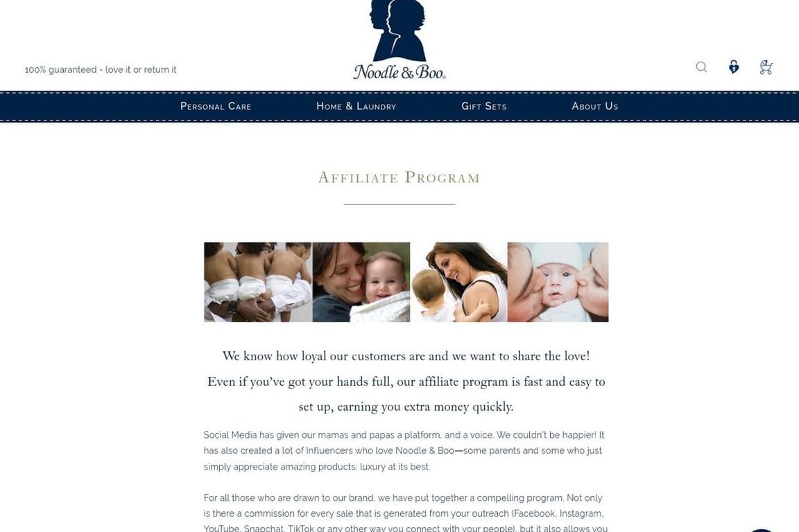 Noodle & Boo affiliate program signup page