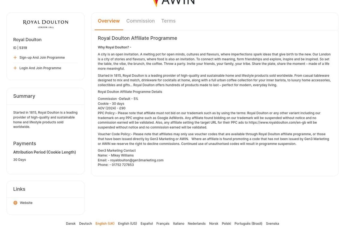 Royal Doulton AU affiliate program signup page