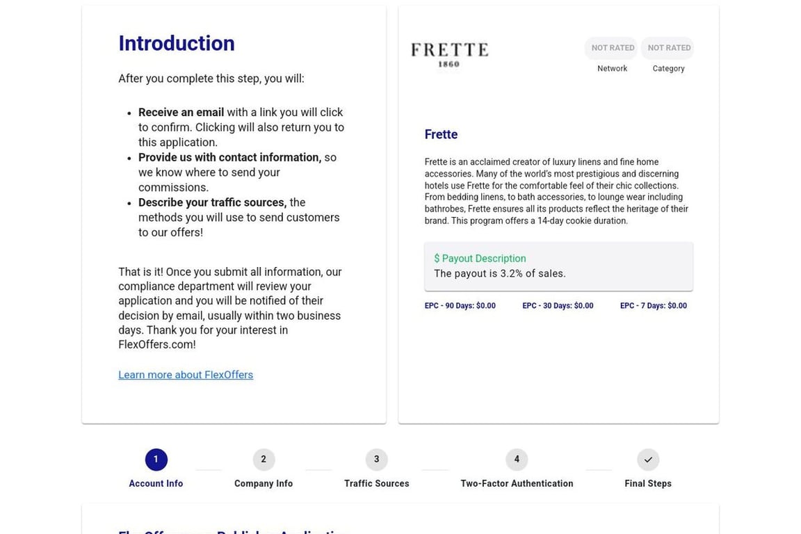 Frette affiliate program signup page