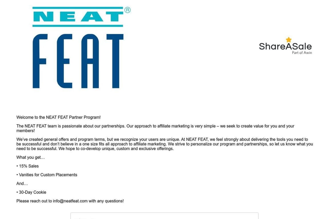 Neat Feat Products affiliate program signup page