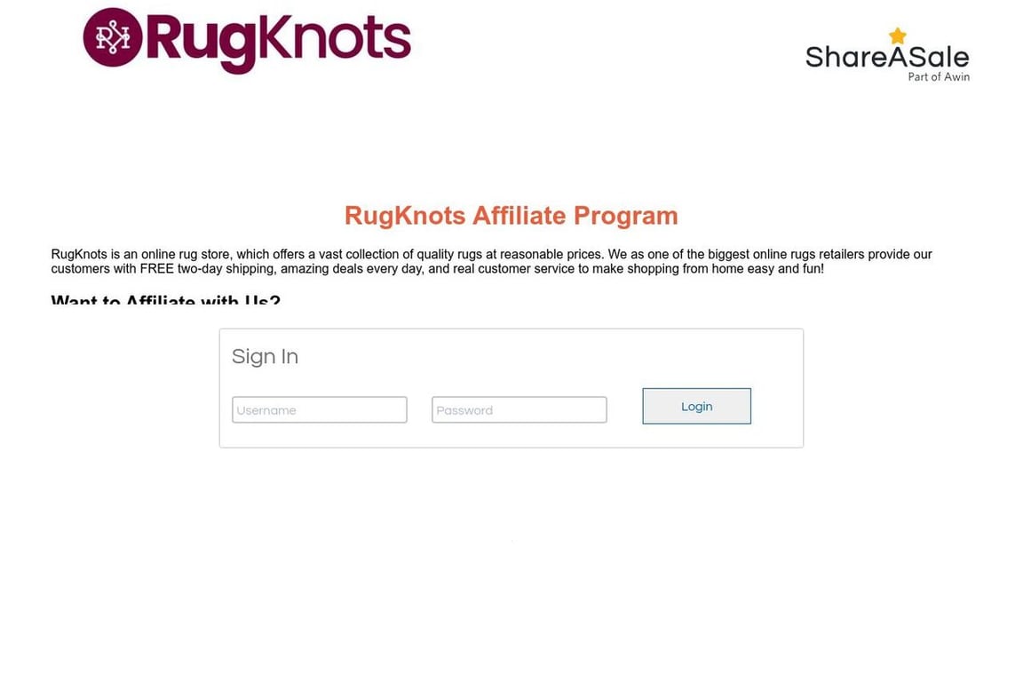 RugKnots affiliate program signup page