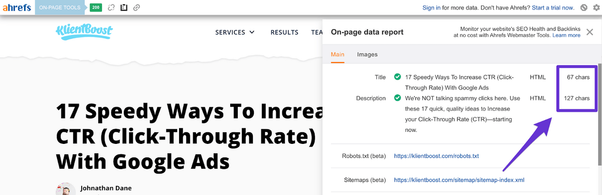 ahrefs seo toolbar displaying character counts for title tag and meta description