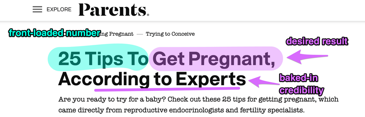 listicle headline offering tips to get pregnant according to experts