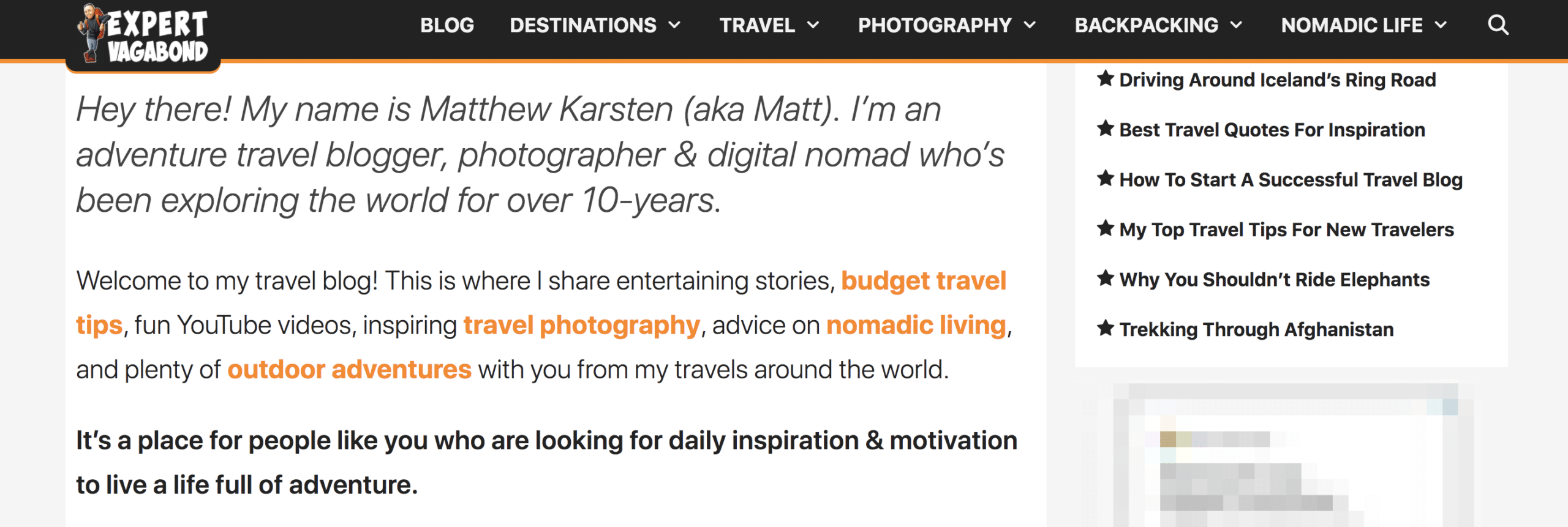 expert vagabond travel blogger bio example
