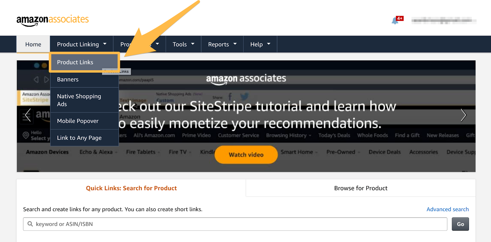 getting product links inside amazon associates account