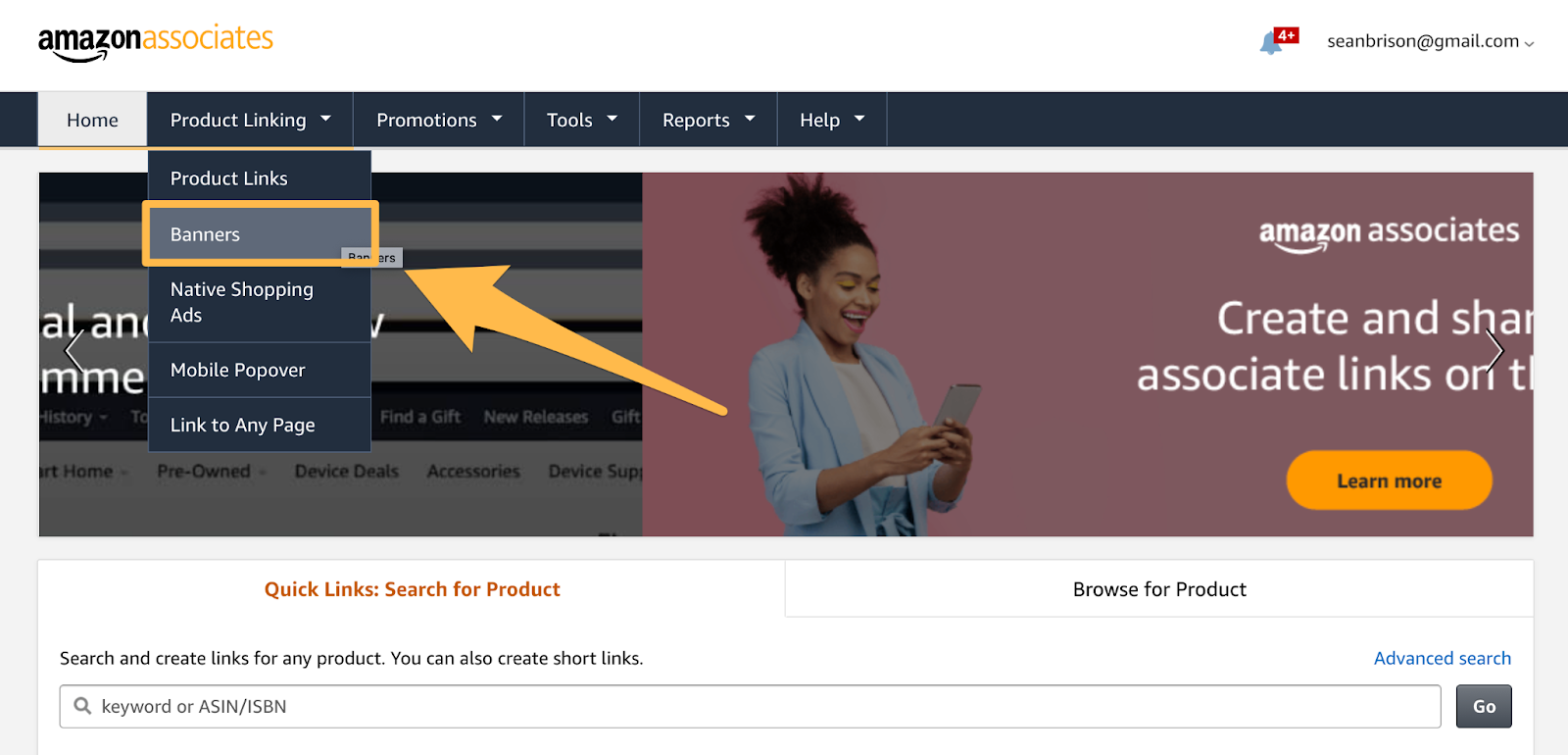 navigating to banner links in your amazon affiliate dashboard