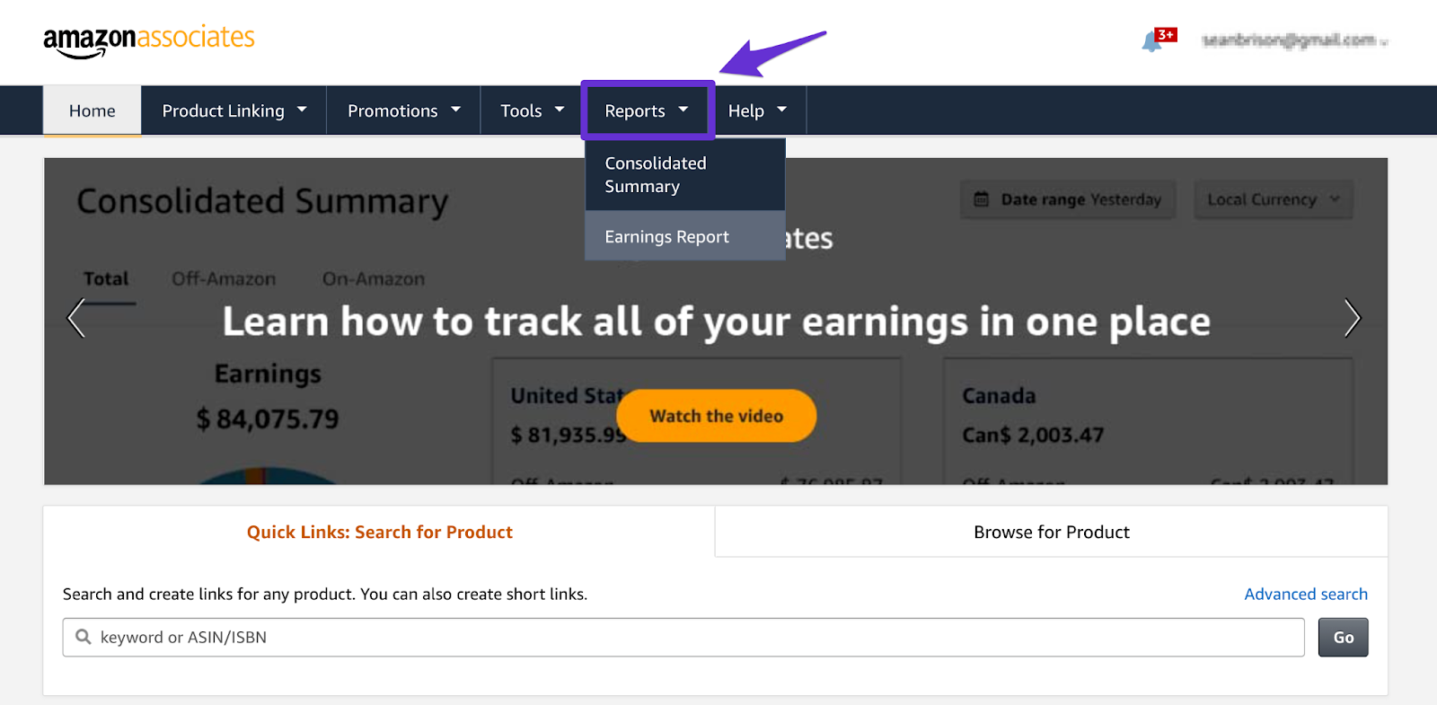 finding your earnings report inside your associates account