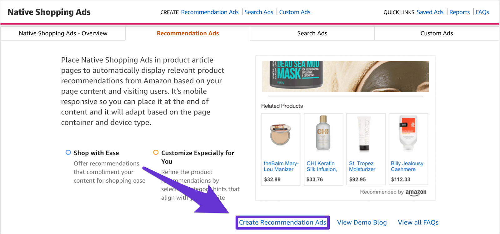 creating a recommendation ad by clicking here