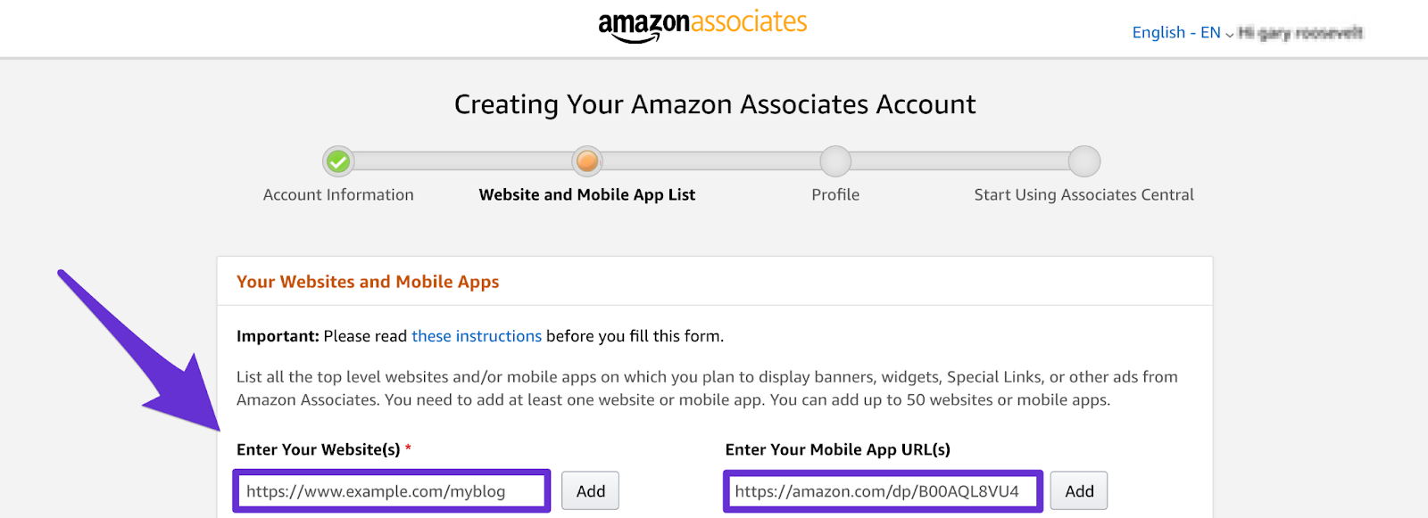 adding your website url to amazon