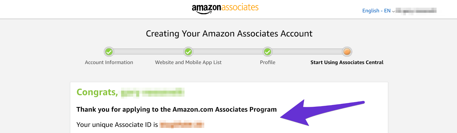 congrats page from creating amazon affiliate account