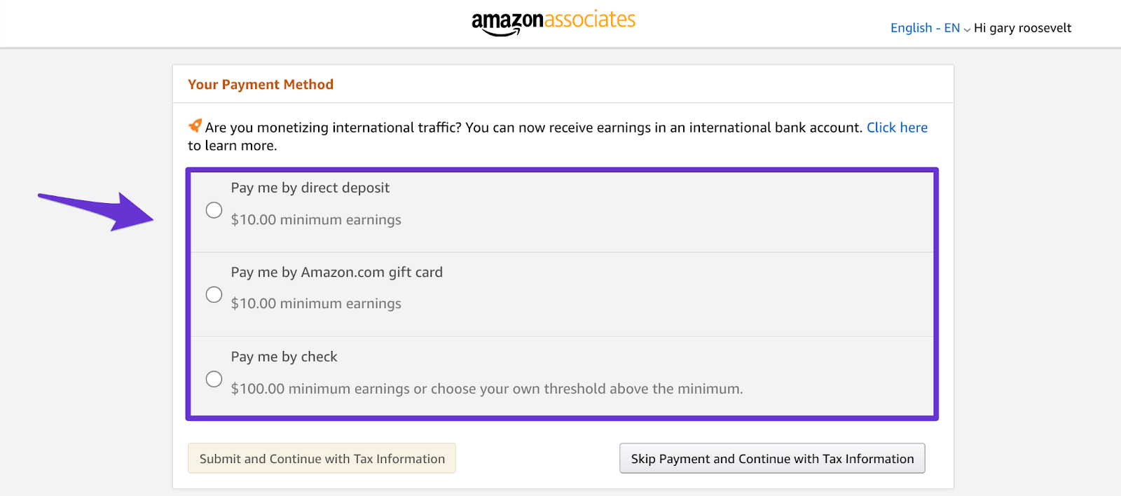 choosing how amazon will pay you