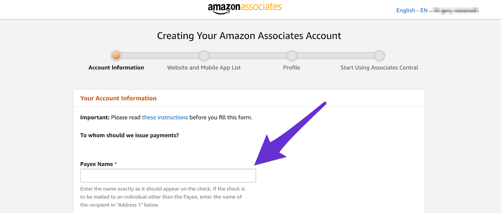 creating your amazon affiliate account starting with your name