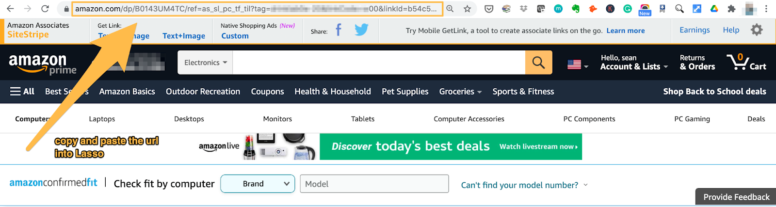 copying the amazon product url