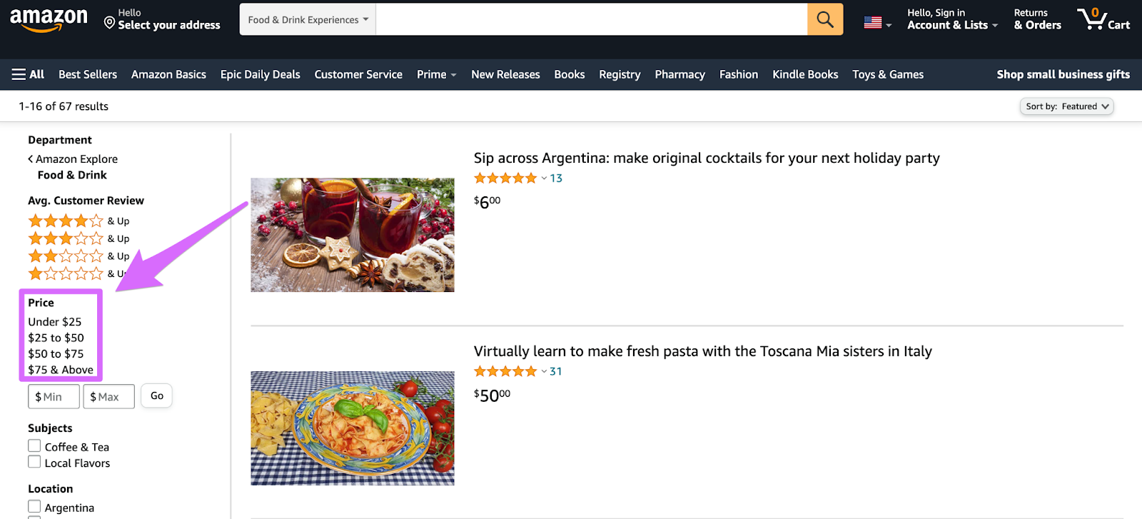 filtering by price in amazon explore in left sidebar