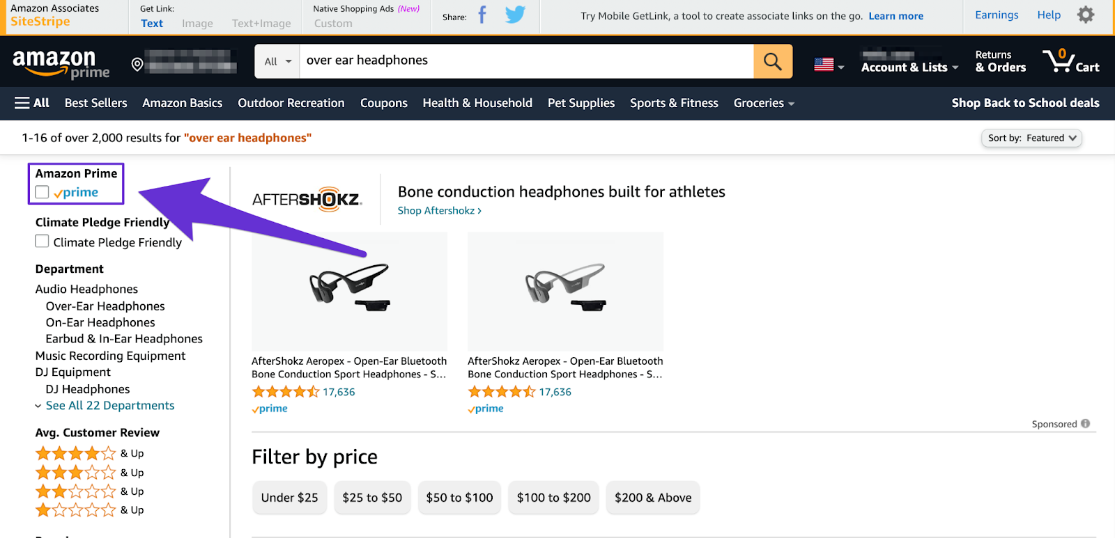 amazon affiliate filtering search by whether product is available on prime