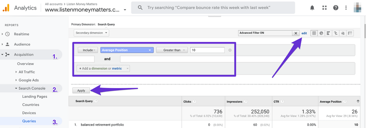 setting filters in analytics acquisition search console queries report