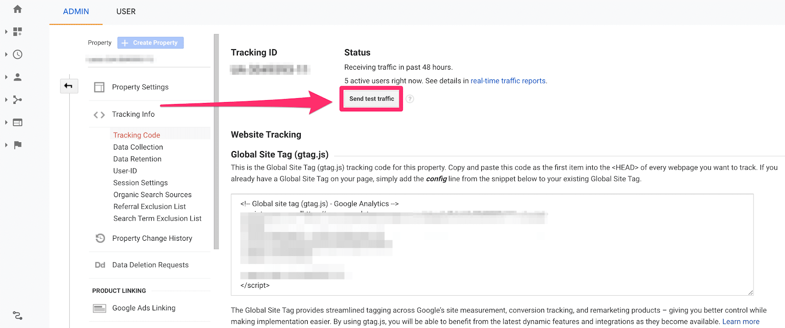sending test traffic above global site tag location