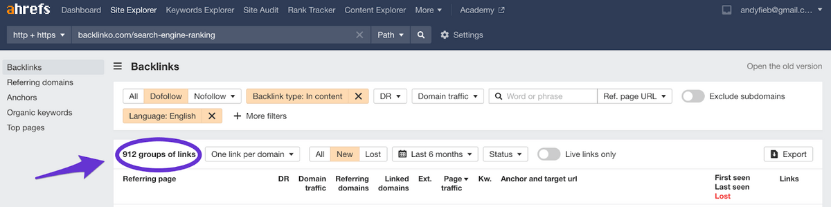 referring domain link count of a highly-linked to article