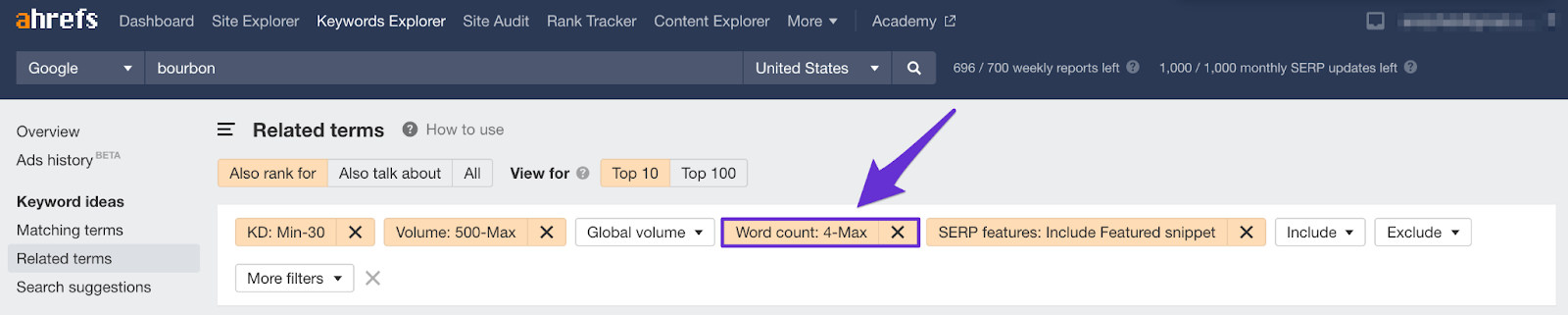 ahrefs word count filter for finding long tail keywords