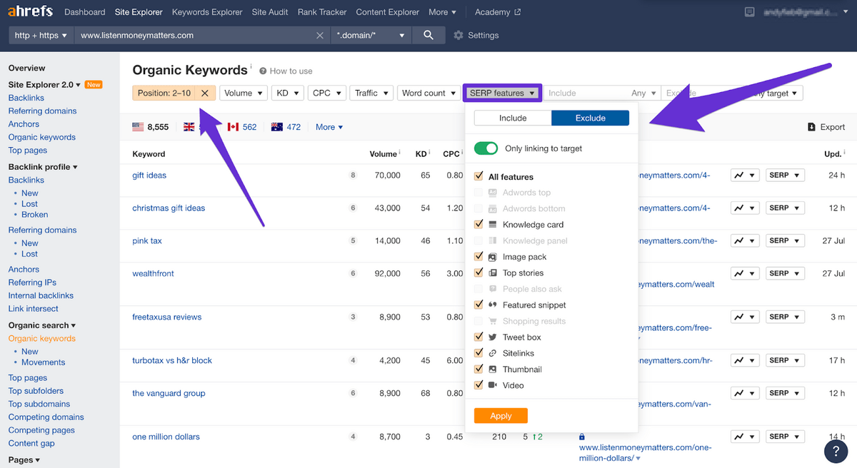 using ahrefs filter for how to ranking higher on google for keywords