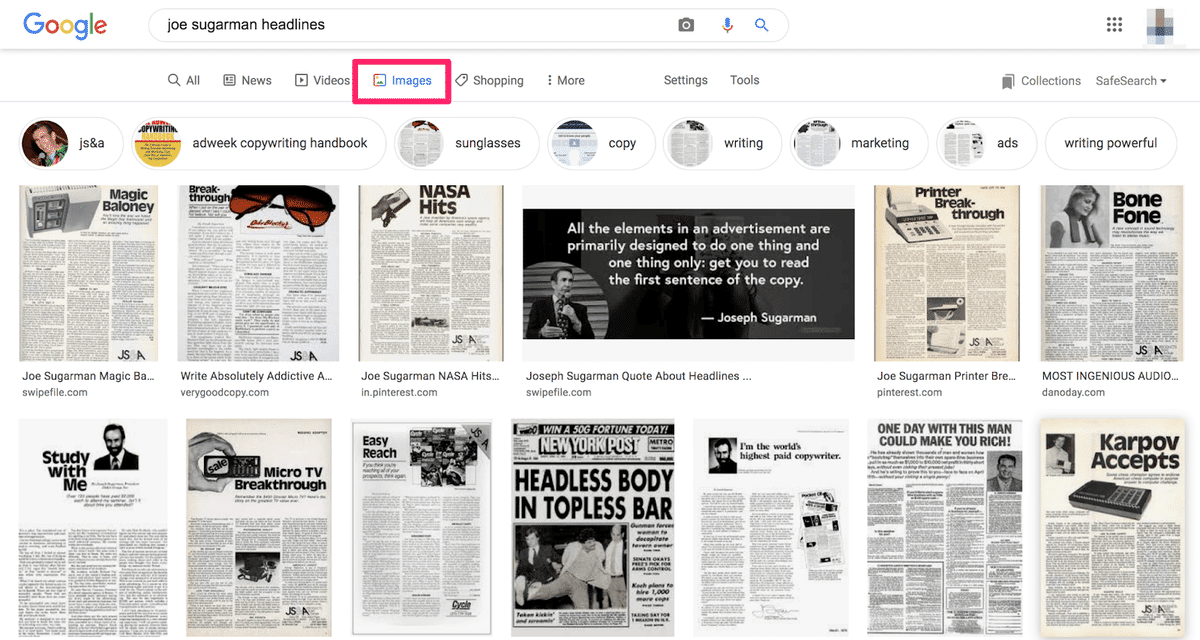 google image search results of joe sugarman headlines
