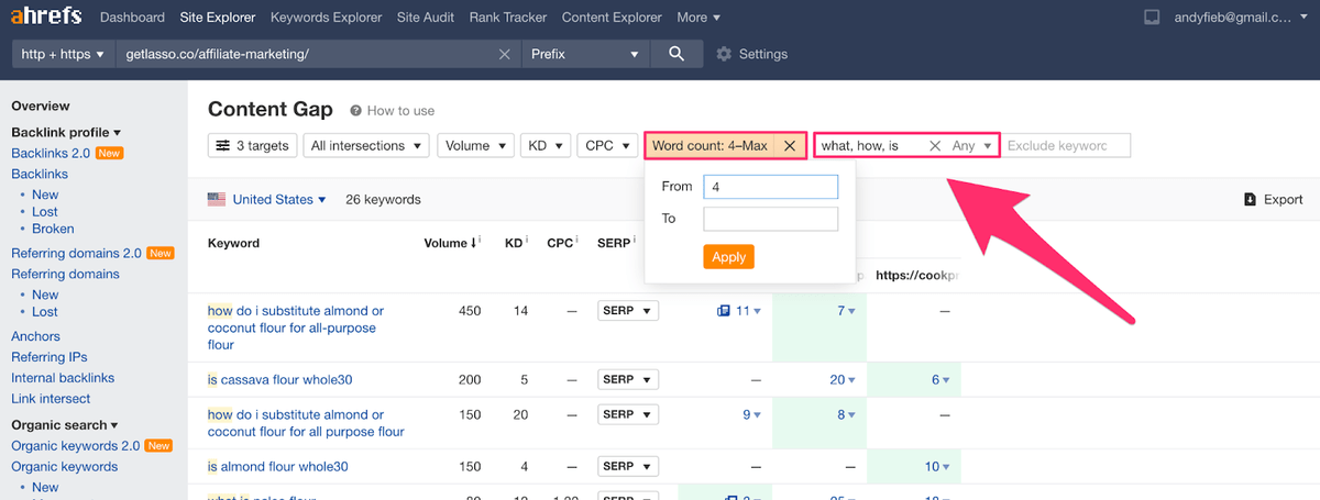 adding questions to the include filter in ahrefs