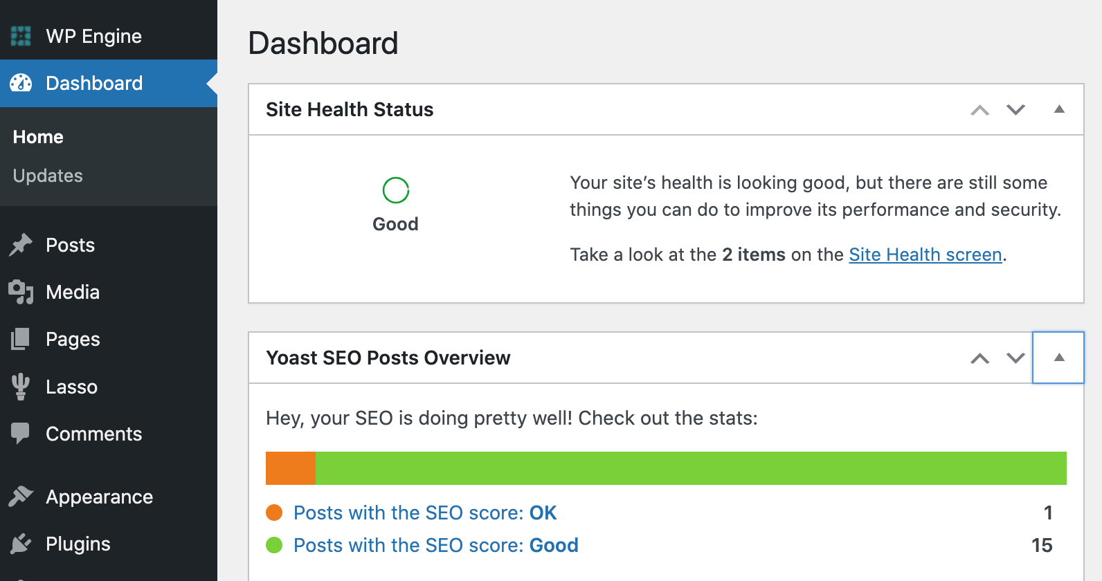 wordpress dashboard with an overall seo site health score and yoast preview